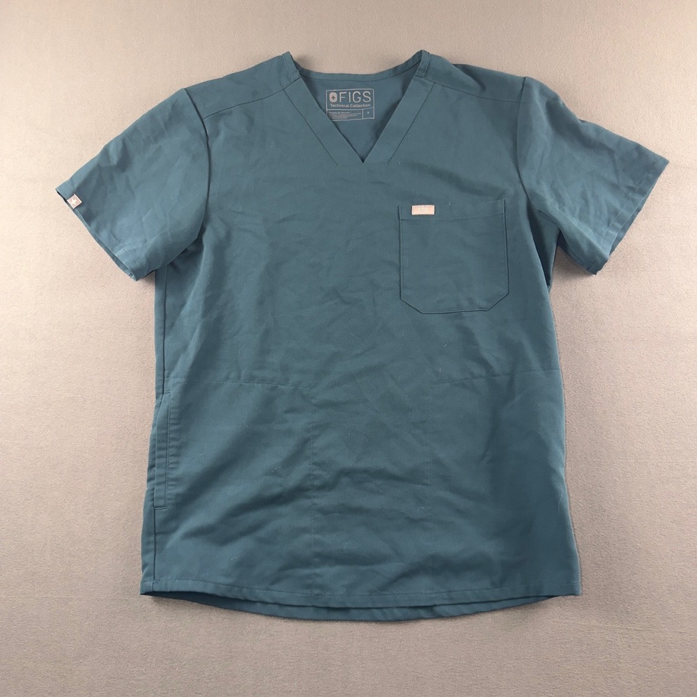 Figs Mens Chisec Scrub Top Teal Green V-Neck Chest Pocket Technical TM3000 Small